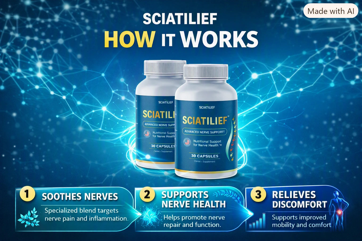 Sciatilief How It Works graphic showing soothes nerves, supports nerve health, relieves discomfort
